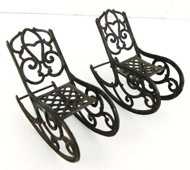 2 Antique French Metal Miniature Doll House Rocking Chairs