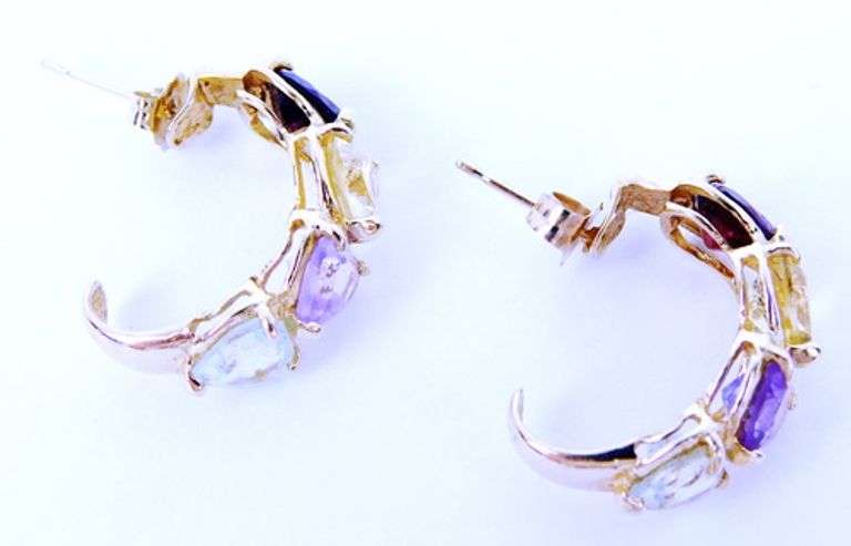 14K Multi-Colored Gemstone Half Hoop Earrings