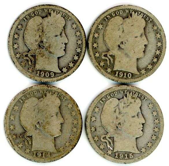 4 Different Barber Silver Quarters: 1909-1915-D