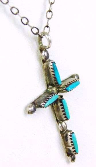 Vintage Zuni Navajo Sterling Turquoise Cross & Chain