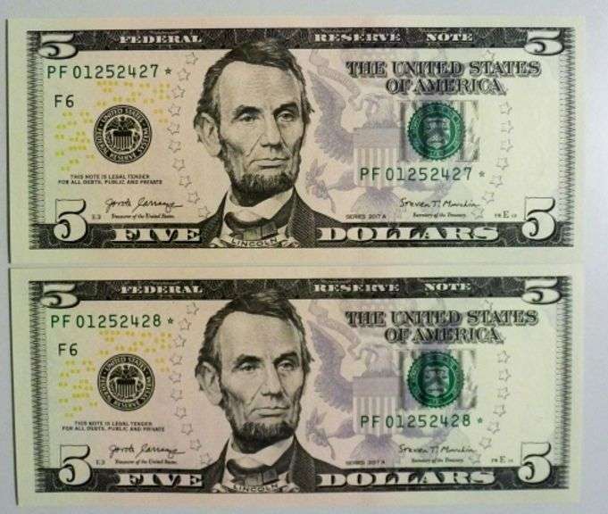 (2) Superb Crisp 2017A $5 Star Replacement Notes Atlanta Consecutive!