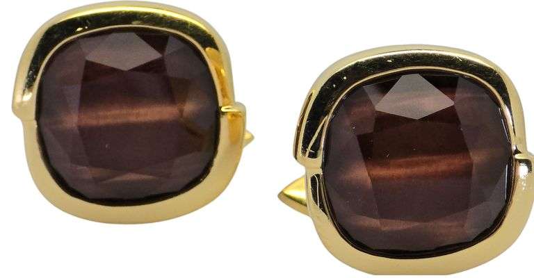 18K (750) Yellow Gold - Natural 15 Ct Brown Quartz: Cufflinks