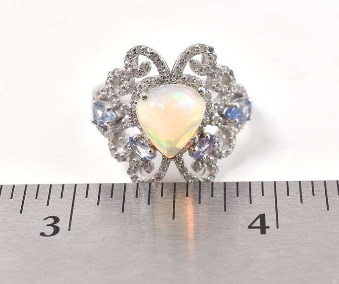 Amazing 1.58CTS Trillion Cabochon-Cut Opal W/ Fire, Sapphire Gemstones & Diamonds in Sterling Silver