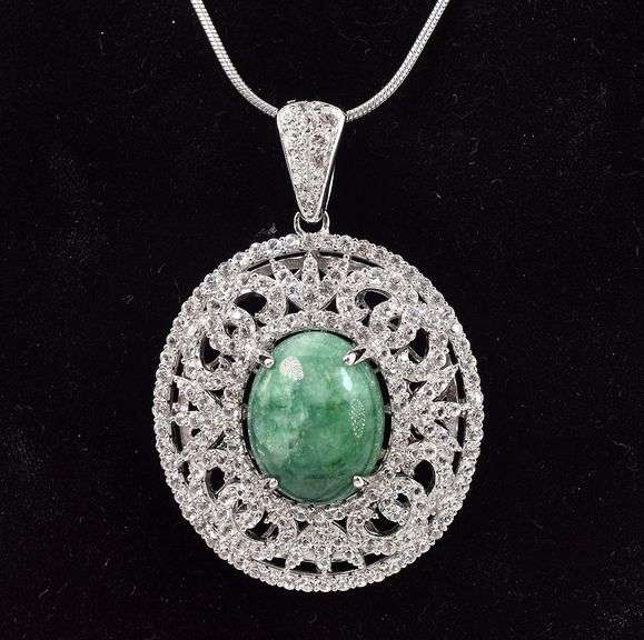Inspiring 11.34CTS Natural Cabochon-Cut Emerald & 3.98CTW White Sapphire Gemstone Pendant Necklace i