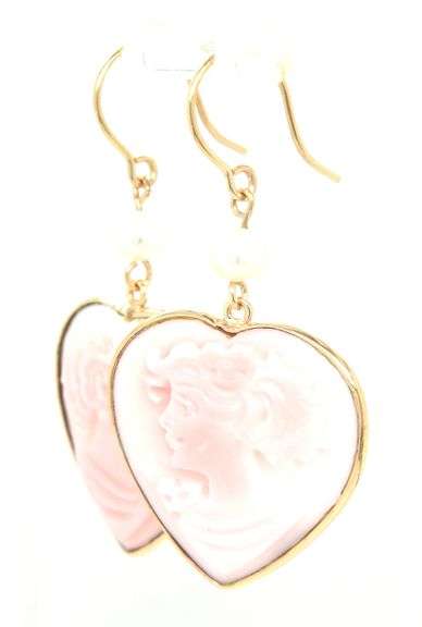 14kt Yellow gold Carved heart coral Cameo dangle earrings