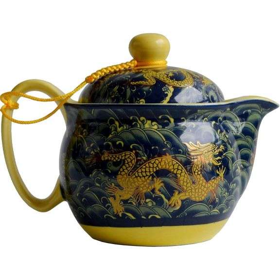 Porcelain Teapot with Chinese Dragon Waves Pattern