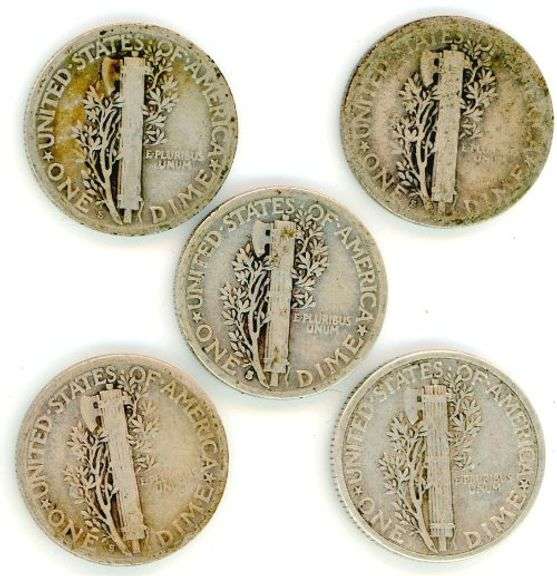 5 Different Mercury Silver Dimes: 1919-1938