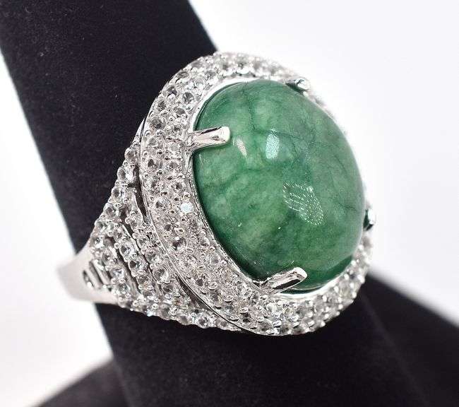 Stunning 10.00CTS Oval Cabochon-Cut Natural Emerald & Sapphire Gemstone Ring in Sterling Silver