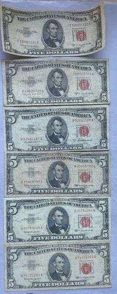 6 Various 1963 Series $5 Red Seal US Notes
