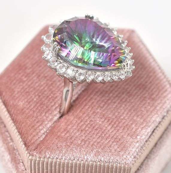 Dreamy Massive 14.28CTS Pear-Cut Mystic Topaz & Sapphire Gemstone Ring in Sterling Silver