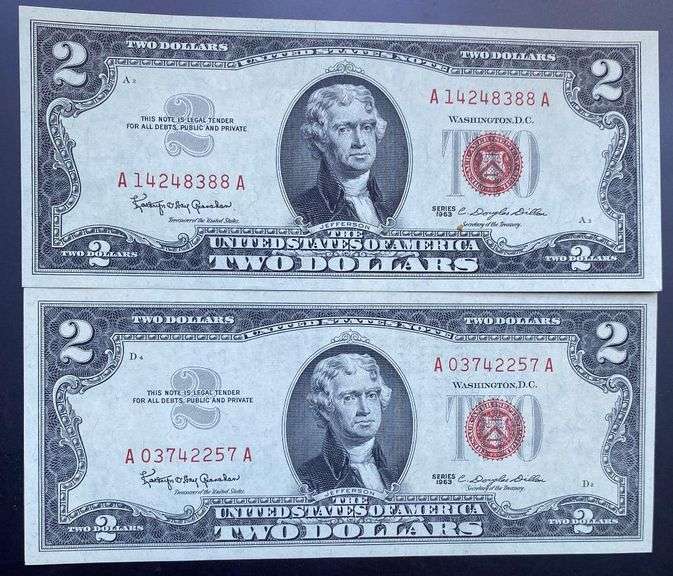 2 Unc 1963 $2 Red Seal US Notes