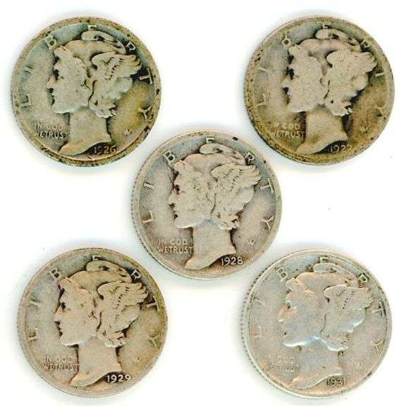 5 Different Mercury Silver Dimes: 1919-1938