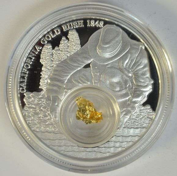 2016 Niue California Gold Rush $5.00 1 Troy Oz Proof Silver & 24K Gold Leaf Coin