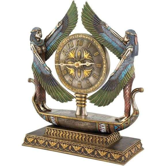 Wings of Isis Egyptian Revival Desk Mantel Clock Statue