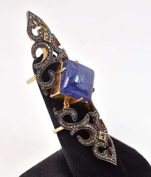 Stunning Rare Design 14.00CTS Square Shaped Cabochon-Cut Tanzanite & Diamond Knuckle Ring in 14K Yel