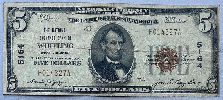 $5 Wheeling West Va 1929 Series National Note