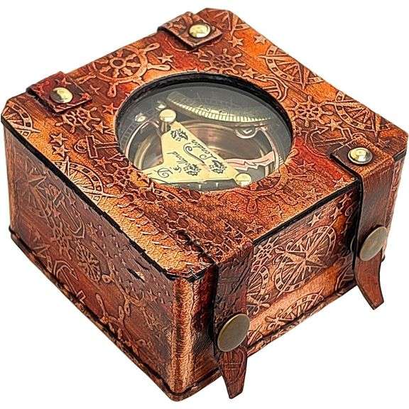 Antique Brass & Copper Sundial Compass in Leather Case