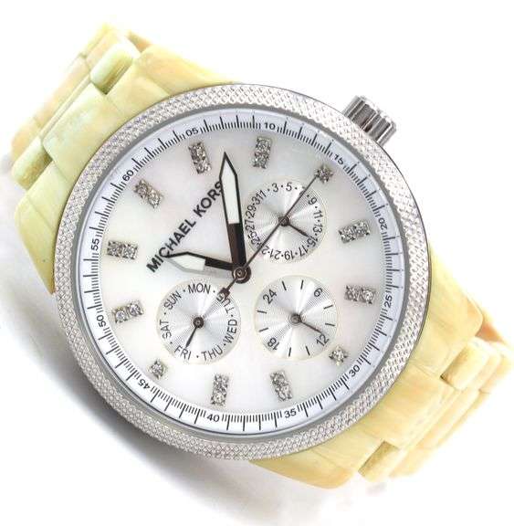 Micheal Kors Ritz multi function crystal white horn acrylic watch