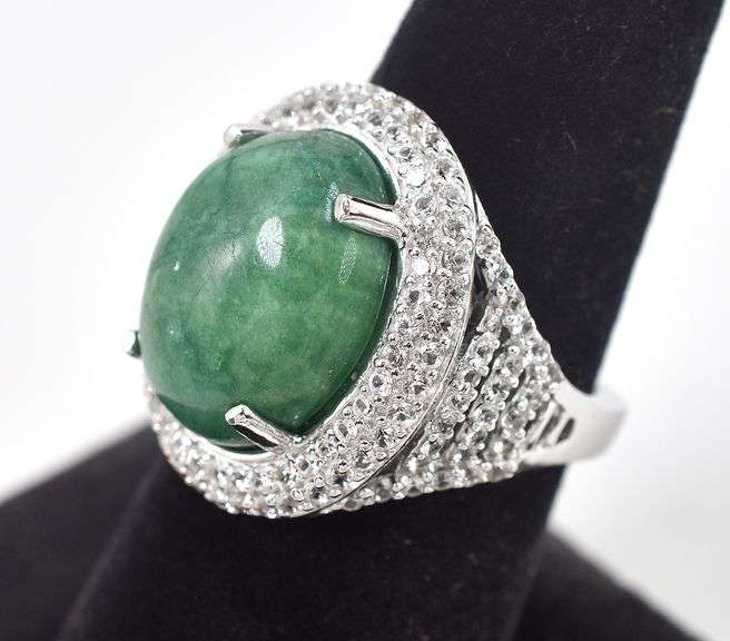 Stunning 10.00CTS Oval Cabochon-Cut Natural Emerald & Sapphire Gemstone Ring in Sterling Silver