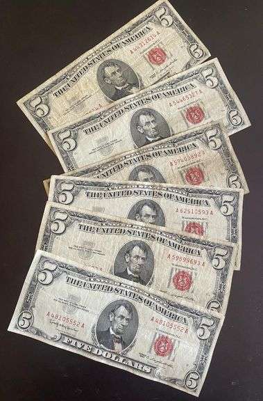 6 $5 1963 Red Seal US Notes