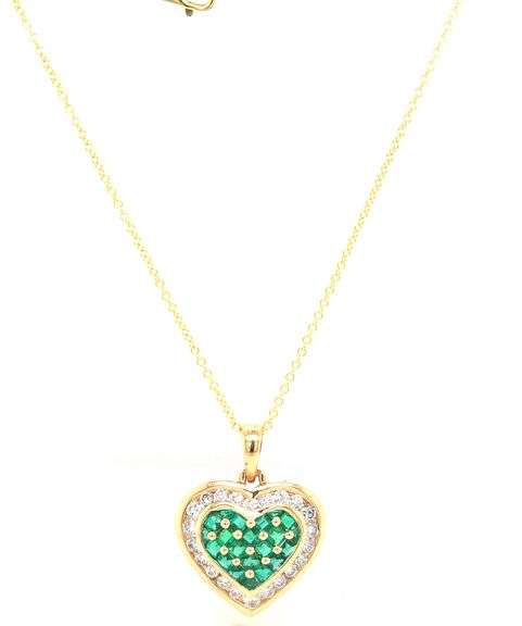 14kt Yellow gold Emerald and diamond heart shaped pendant on chain