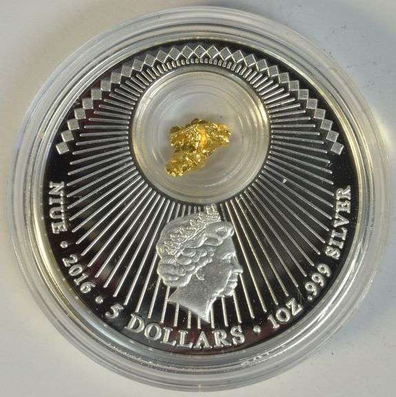 2016 Niue California Gold Rush $5.00 1 Troy Oz Proof Silver & 24K Gold Leaf Coin