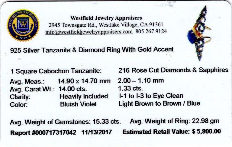 Stunning Rare Design 14.00CTS Square Shaped Cabochon-Cut Tanzanite & Diamond Knuckle Ring in 14K Yel