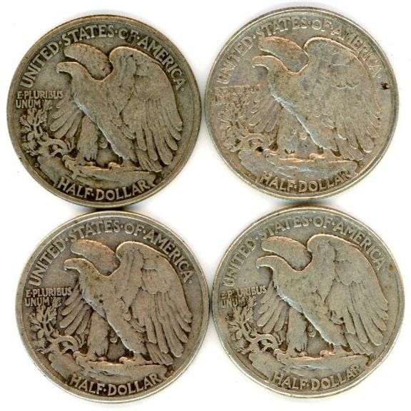 Four Different Walking Liberty Half Dollars: 1938-1944