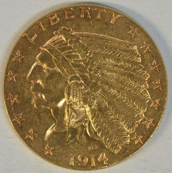 Scarce key date 1914 US $2.50 Indian Gold Piece in Near Mint
