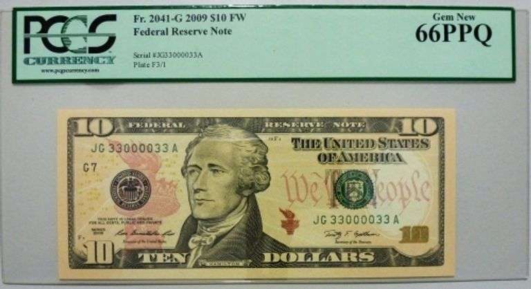 Superb Crisp 2009 FW $10 Note Chicago-Radar Serial Number 33000033 PCGS 66PPQ!