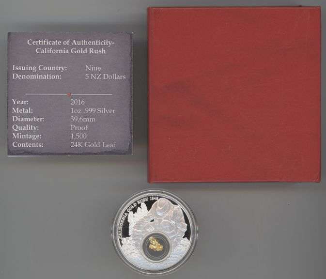 2016 Niue California Gold Rush $5.00 1 Troy Oz Proof Silver & 24K Gold Leaf Coin