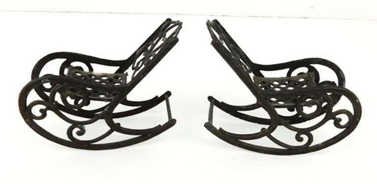 2 Antique French Metal Miniature Doll House Rocking Chairs