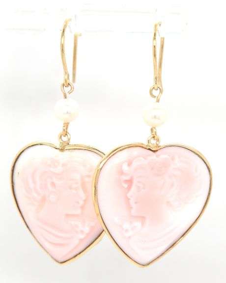14kt Yellow gold Carved heart coral Cameo dangle earrings