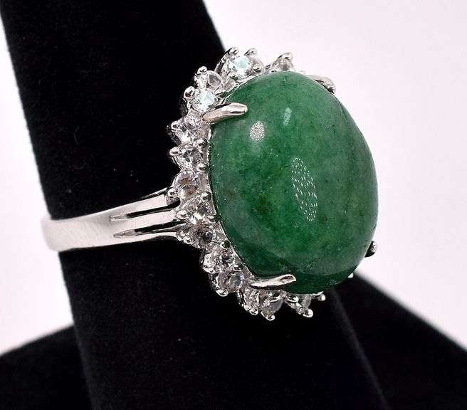 Mesmerizing 12.50CTS Cabochon-Cut Emerald & 1.00CTW White Sapphire Ring in Sterling Silver