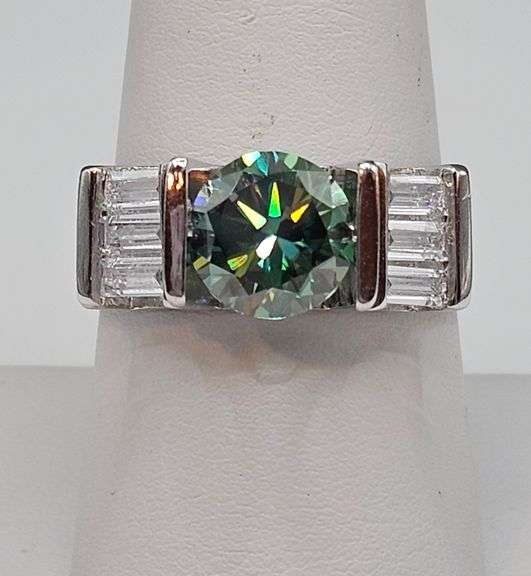 14 Kt White Gold Plated 3.25 Ct Deep Emerald Green Fire Moissanite Ring
