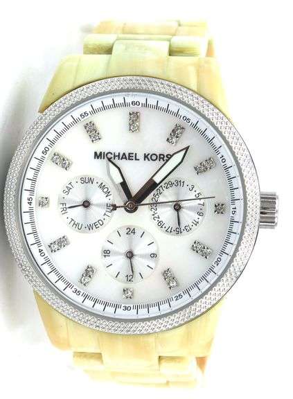 Micheal Kors Ritz multi function crystal white horn acrylic watch