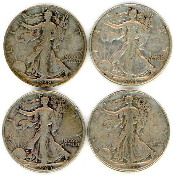 Four Different Walking Liberty Half Dollars: 1938-1944