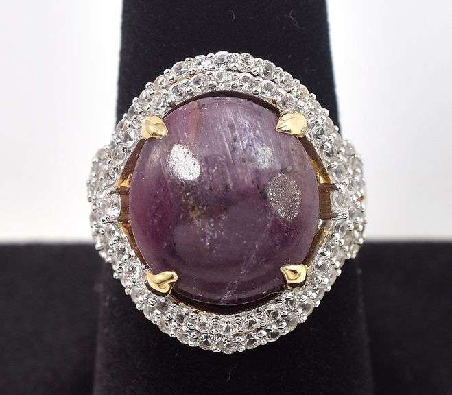 Impeccable huge 19.66CTS Natural Cabochon-Cut Star Ruby & 1.56CTW Sapphire on 14K Yellow Gold Over S