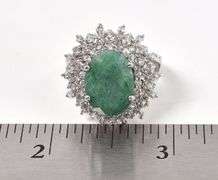 Sparkling 6.84CTS Oval Shaped Natural Emerald & 1.26CTW Sapphire Gemstone Ring in Sterling Silver