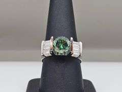 14 Kt White Gold Plated 3.25 Ct Deep Emerald Green Fire Moissanite Ring