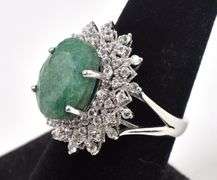 Sparkling 6.84CTS Oval Shaped Natural Emerald & 1.26CTW Sapphire Gemstone Ring in Sterling Silver