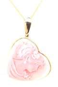 14kt Yellow gold Carved heart shaped Coral pendant on chain