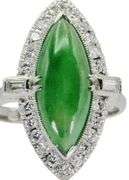 Vintage Platinum (950) - Natural Diamond & Jade: Ring, Size: 6.75