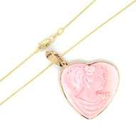14kt Yellow gold Carved heart shaped Coral pendant on chain