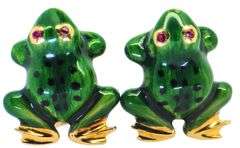 18K (750) Yellow Gold - Enamel & Natural Ruby, Round Brilliant Cut: Frog Earring