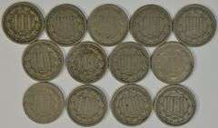 13 Nice Assorted Three Cent Nickel Pieces 1865 to 1881