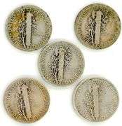 5 Different Mercury Silver Dimes: 1919-1938
