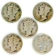 5 Different Mercury Silver Dimes: 1919-1938