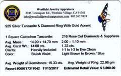 Stunning Rare Design 14.00CTS Square Shaped Cabochon-Cut Tanzanite & Diamond Knuckle Ring in 14K Yel