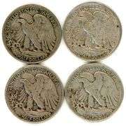 Four Different Walking Liberty Half Dollars: 1938-1944